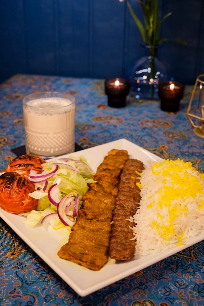 Sultani Barg kebab served with basmati rice at PARSI Persian and Halal Restaurant in Madrid