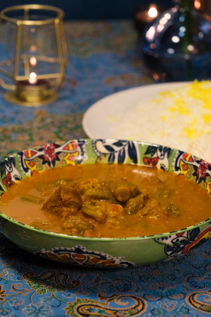 Bamyeh Stew: succulent okra and lamb in a rich garlic-tomato sauce at PARSI Madrid.