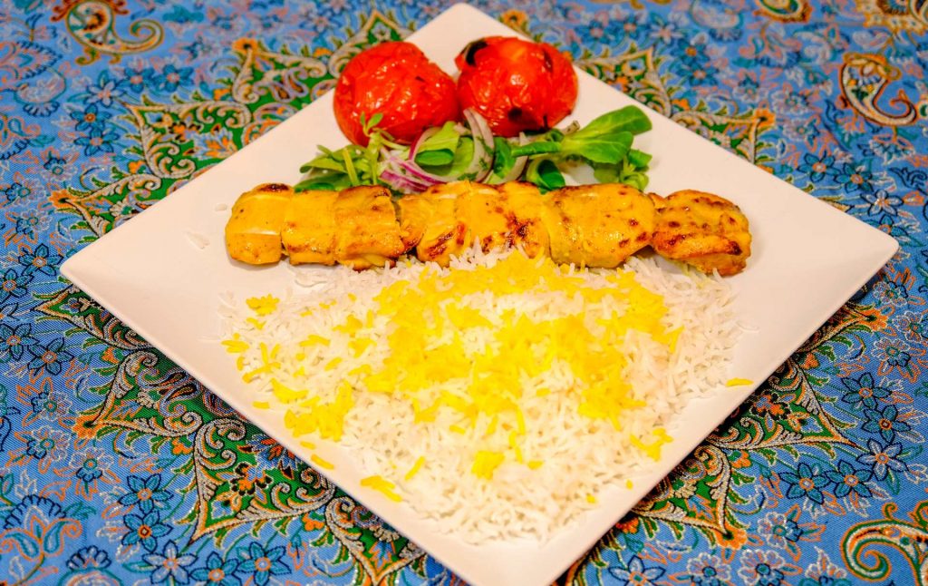 Joojeh Kebab: succulent chicken breast marinated in premium saffron and lemon at PARSI Madrid.